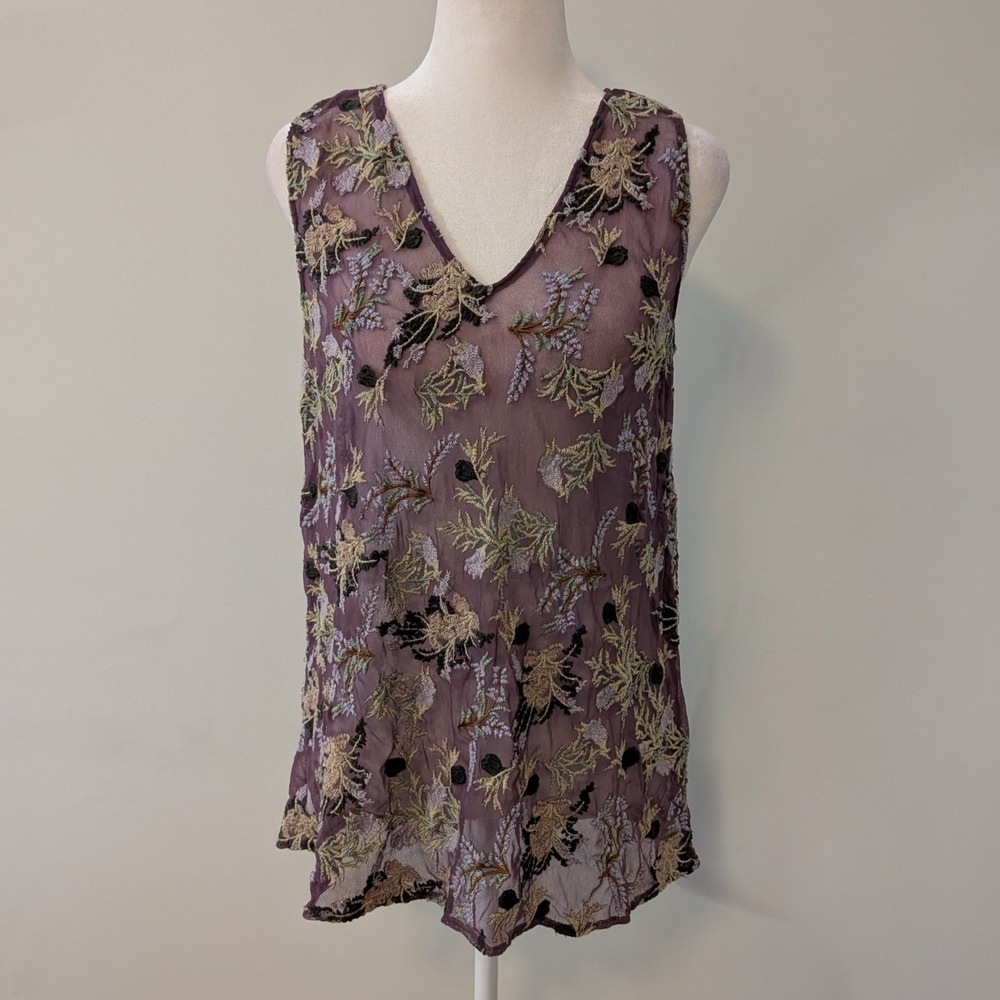 Sundance Sheer Mesh Embroidered Top SMALL Fairy Grunge Festival Floral‎ Purple